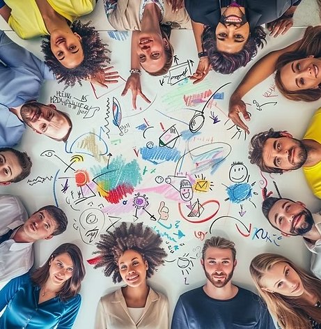 Illustration of a group gathered around a table covered in sketches and ideas